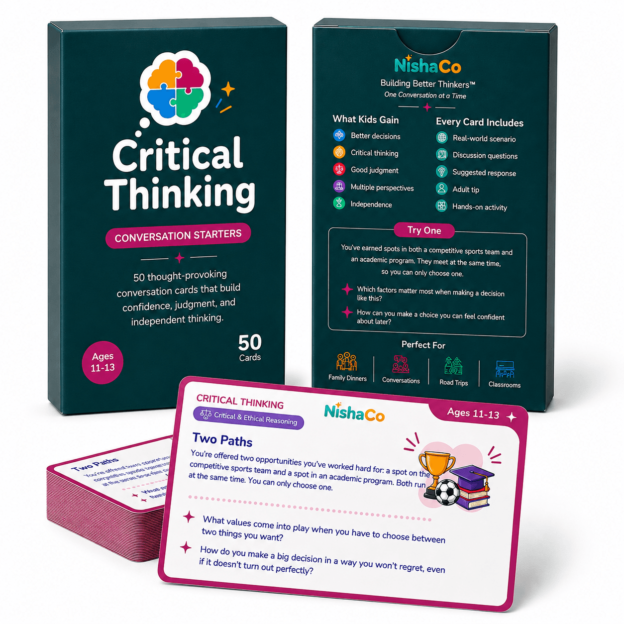 NishaCo Critical Thinking Conversation Starters for ages 11–13 with box, card deck, and Two Paths scenario card