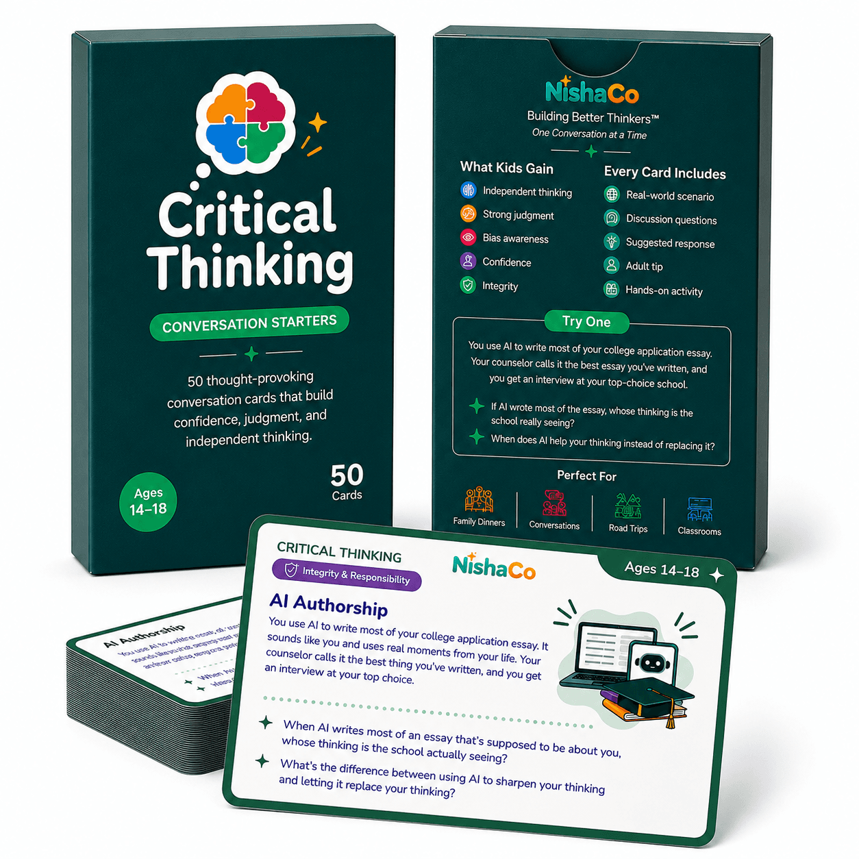 NishaCo Critical Thinking Conversation Starters for ages 14–18 with box, card deck, and AI Authorship scenario card