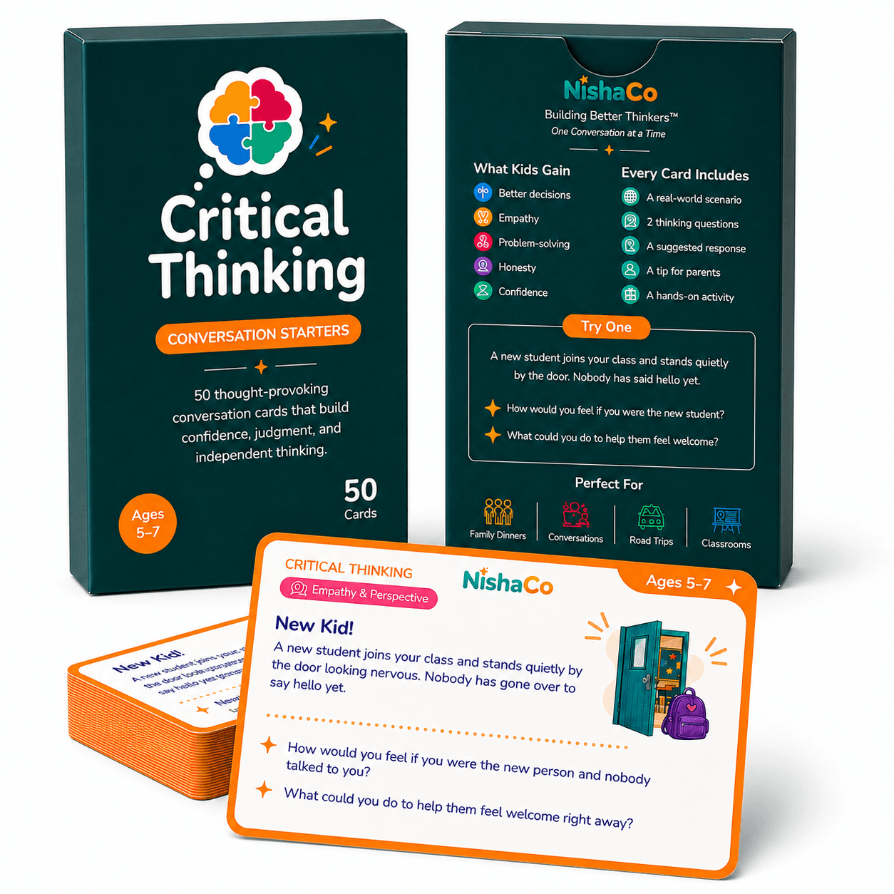 NishaCo Critical Thinking Conversation Starters for ages 5–7 with box, card deck, and New Kid scenario card