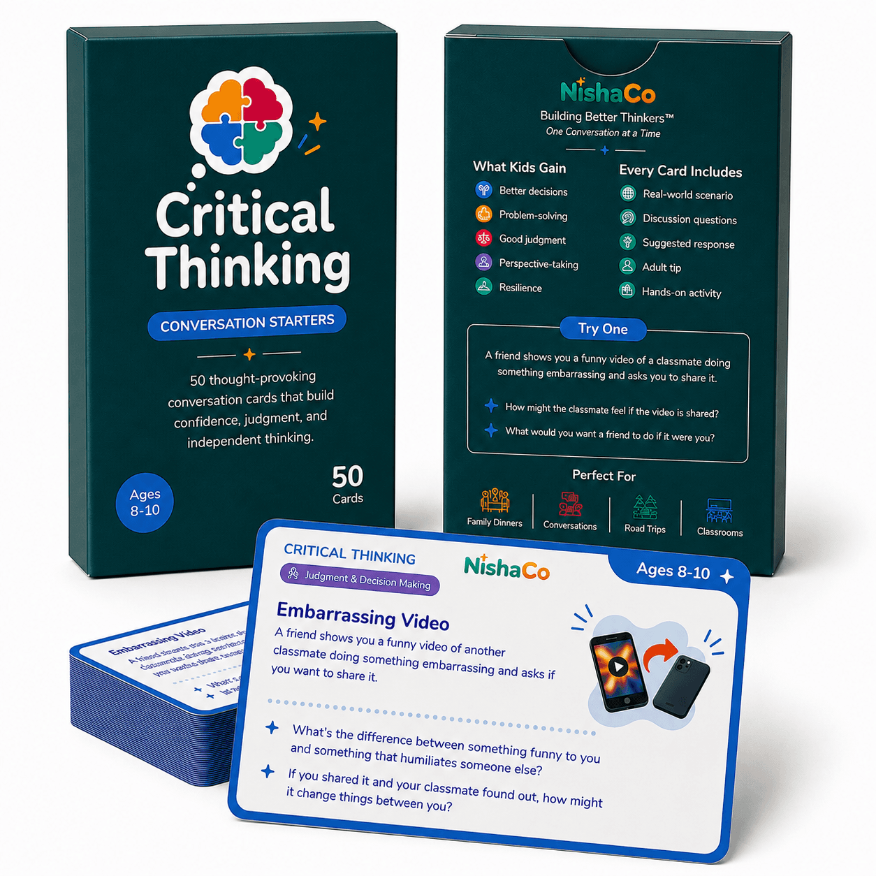 NishaCo Critical Thinking Conversation Starters for ages 8–10 with box, card deck, and Embarrassing Video scenario card